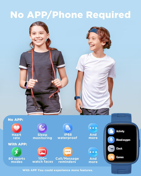 Smart Watch for Kids, 1.8" Fitness Tracker Watch Pedometer, Heart Rate, IP68 Waterproof, Sleep Monitor, Calorie Step Counter, 5 Puzzle Games With/Without APP for Girls Boys Teens 5-16