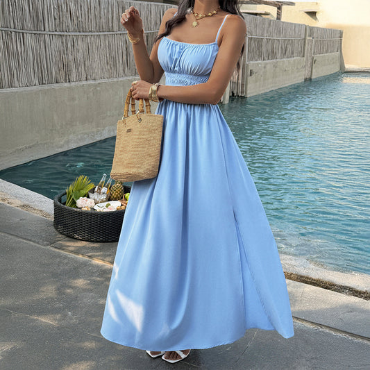 Resort-style Solid-color Strap Long Waist-Cinching Dress For Women