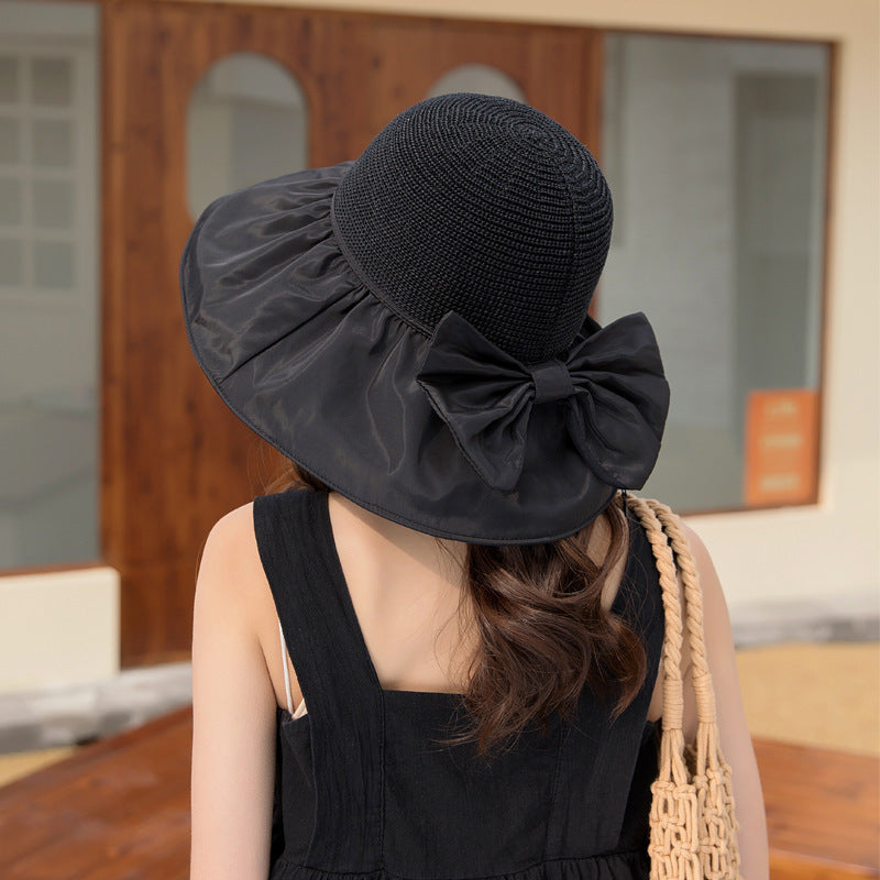 Black Glue Bow Wispy Empty Cycling Big Brim Face Sun Protection Hat