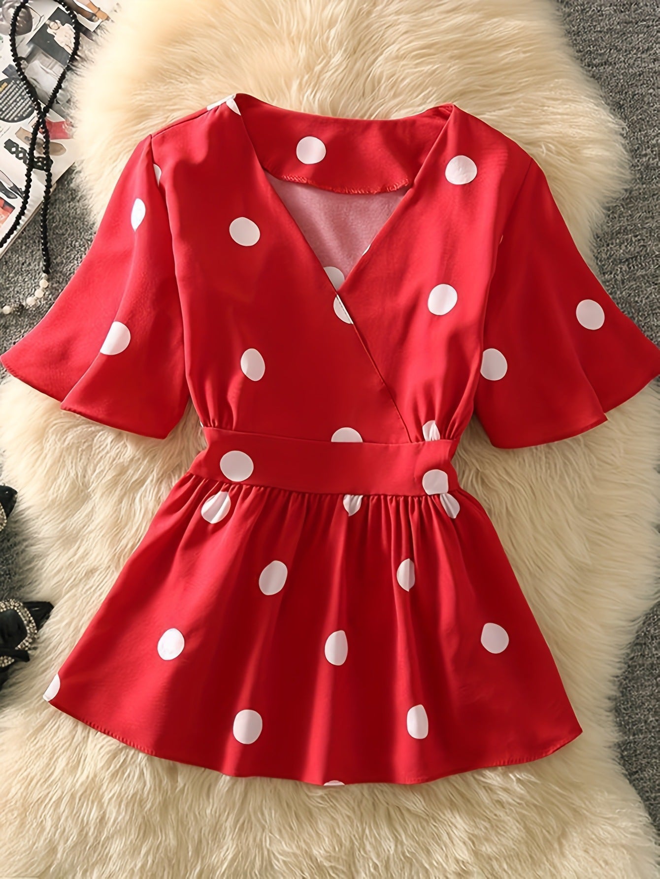 Womens Chiffon Blouse With Floral And Polka-Dot Patterns