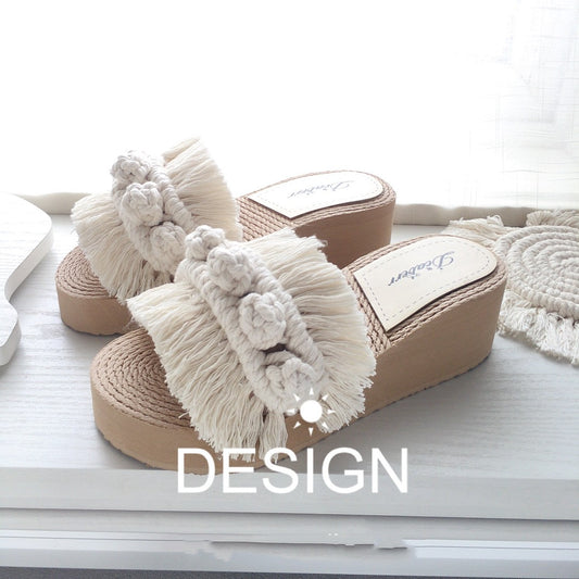Hjemme- og ude-slippers med tyk sål i etnisk stil af bomuldsreb