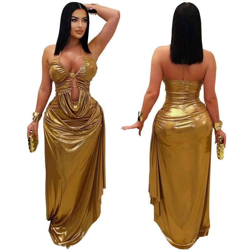 Chic And Elegant Pleated Off-shoulder Dress With A Gold Chain Neck Strap