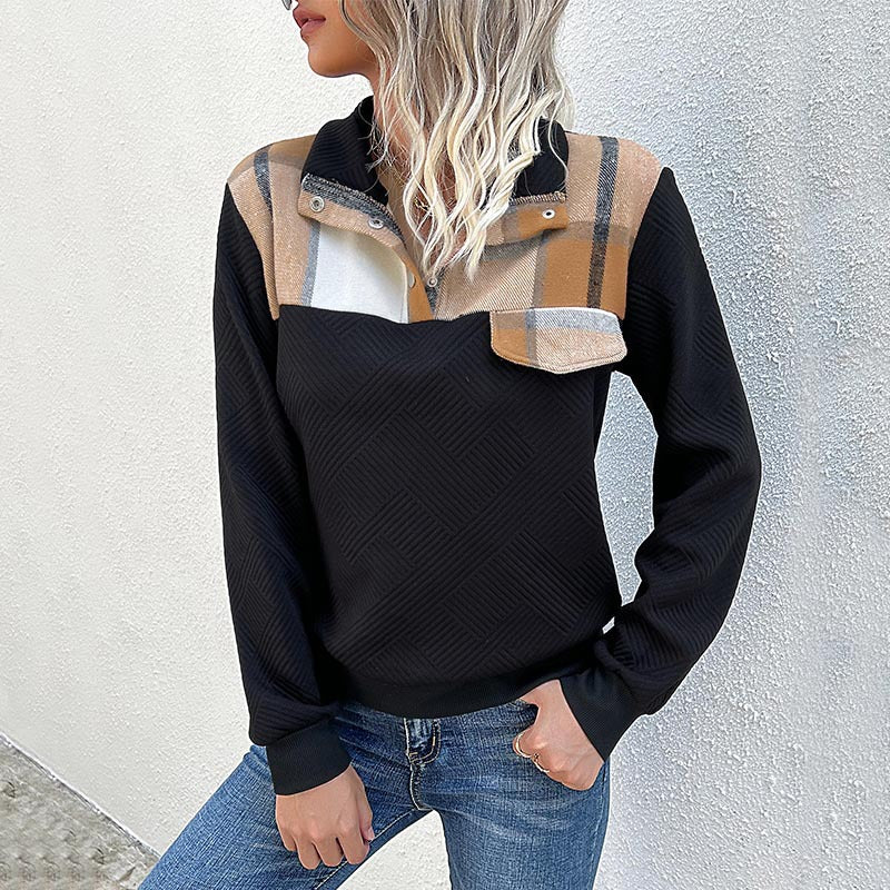 Ny vintage kvinders stand-collar pullover med sammensatte detaljer