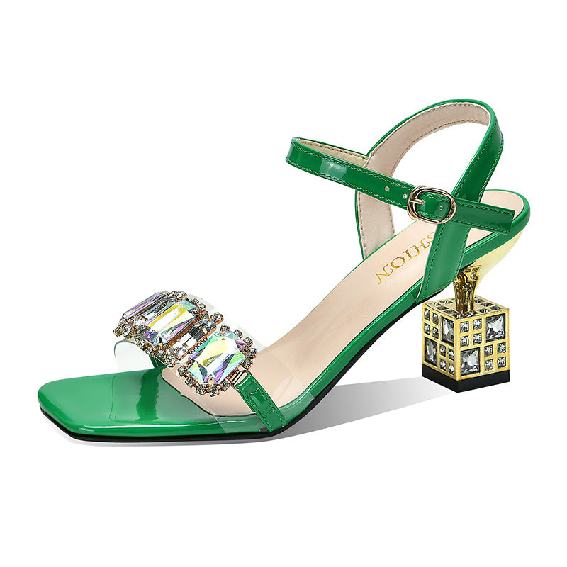 European And American Square Toe High Heel Sandals Women's Fashion Rhinestones