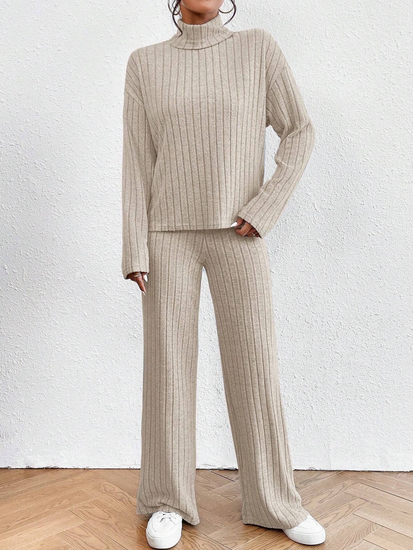Turtleneck Long Sleeve Sunken Stripe Loose Wide Leg Pants Two-piece Set