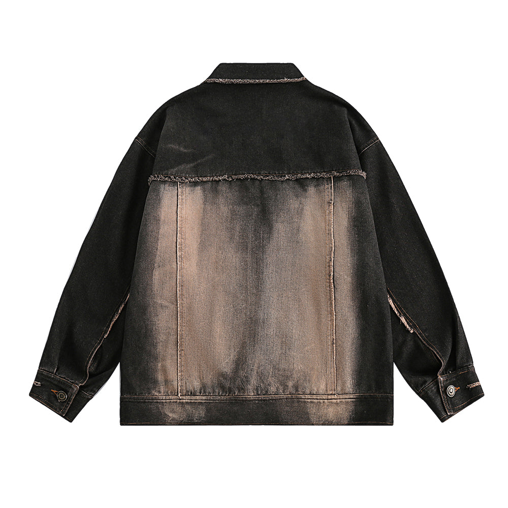 Punk Design Stitching Cat Raw-cut Edges Turn-down Collar Coat