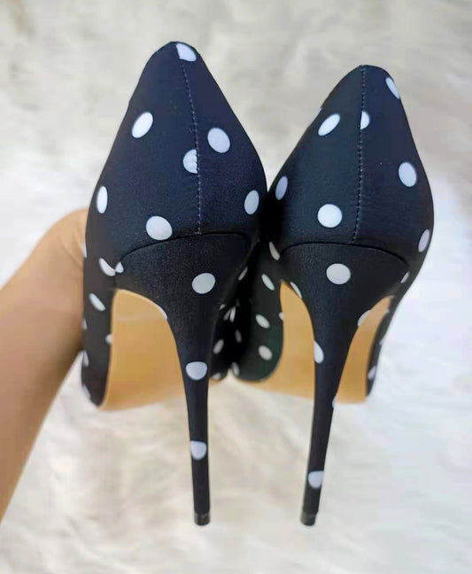 Black Satin Polka-dot High-heeled Shoes Female Stiletto Pointed Shallow Mouth Single Shoes