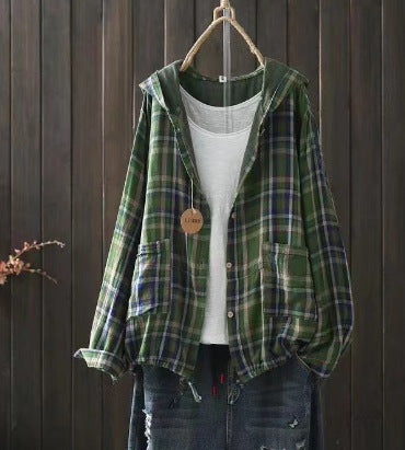 New Korean-style Oversized Artistic Retro Casual Plaid Cotton-linen Double-layer Shirt With A Hood
