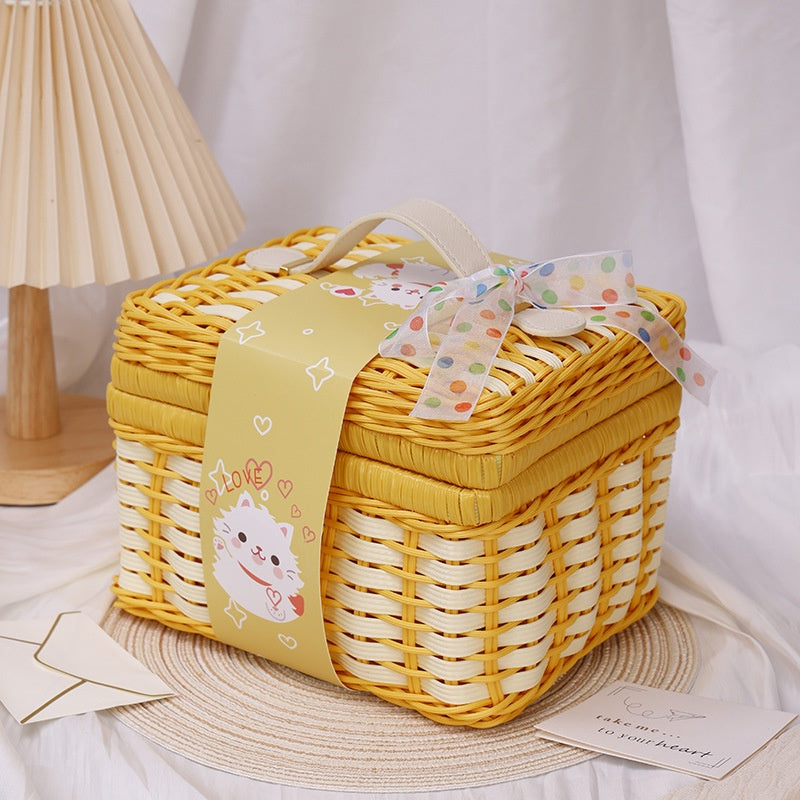 New Colorful Cute Flip-Top Rectangular Straw And Leather Woven Basket