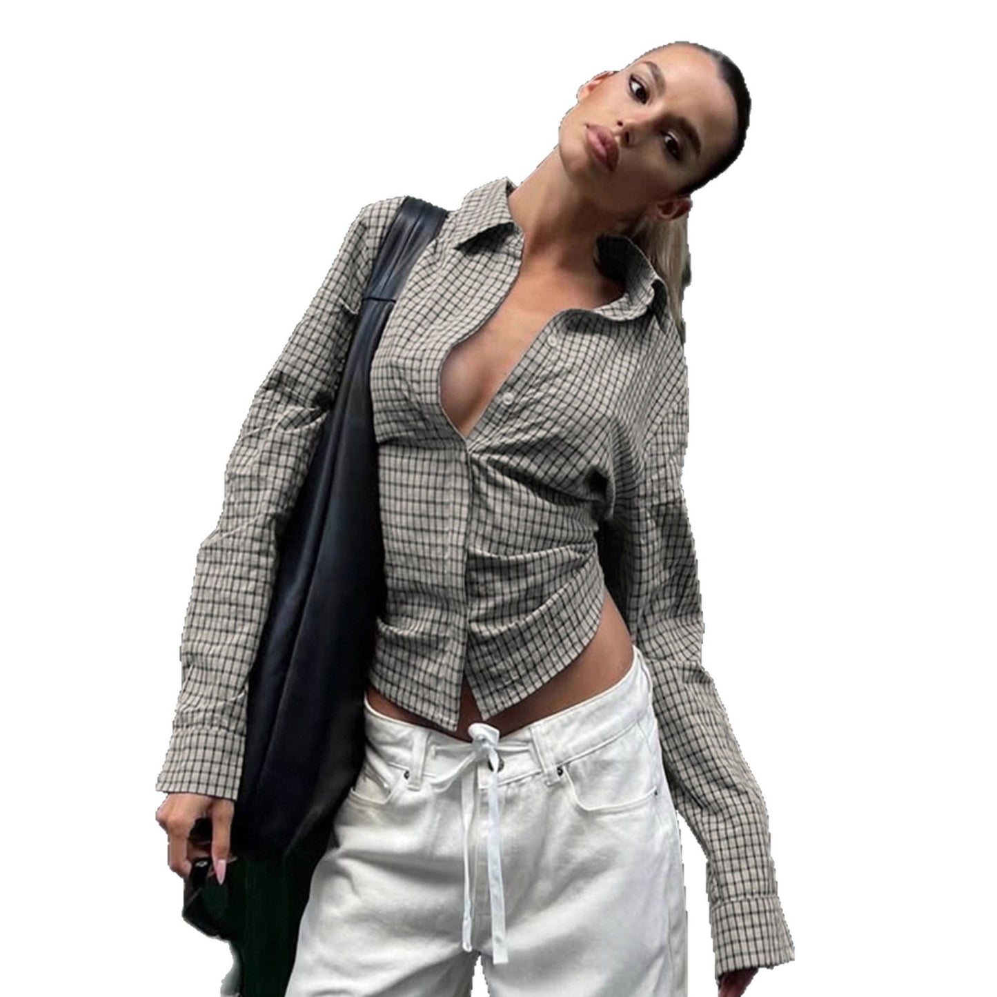 Retro Fitted-waist Tie-up Long-sleeve Plaid Shirt