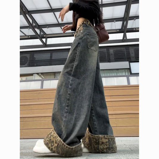 Women's Retro Patchwork Leopard-print Curling Jeans