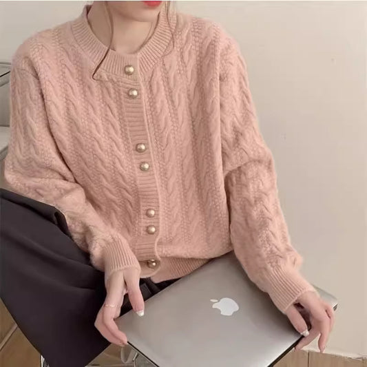 Twist Round Neck Pearl Buckle Soft And Comfortable Versatile Sweater Coat