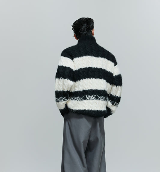 Black And White Contrast Color Thick Needle Woven Cardigan