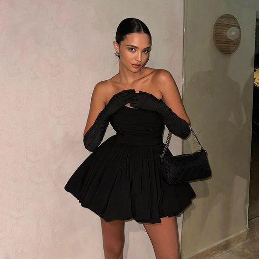Tube Top Short Skirt Hepburn-style Pleated Little Black A-line Dress
