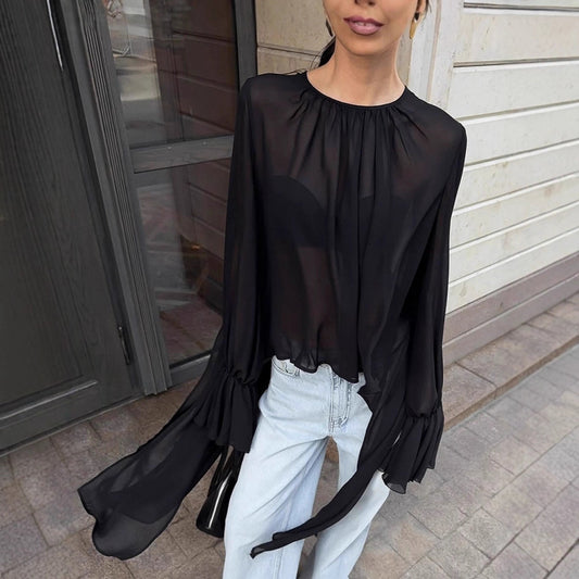 Mørk Chiffon Top Løs Lang Dametøj