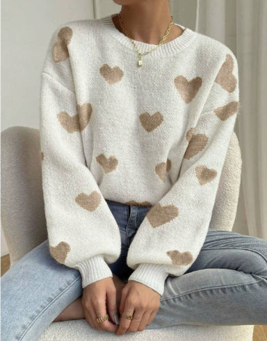 Round Neck Pullover All-matching Love Contrast Color Loose Casual Knitted Long Sleeve