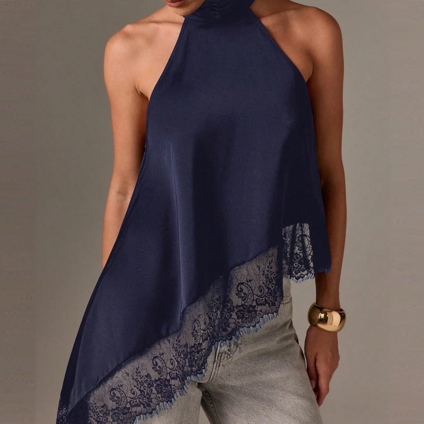 Womens Sleeveless Lace-Trimmed Asymmetrical Halterneck Satin Vest