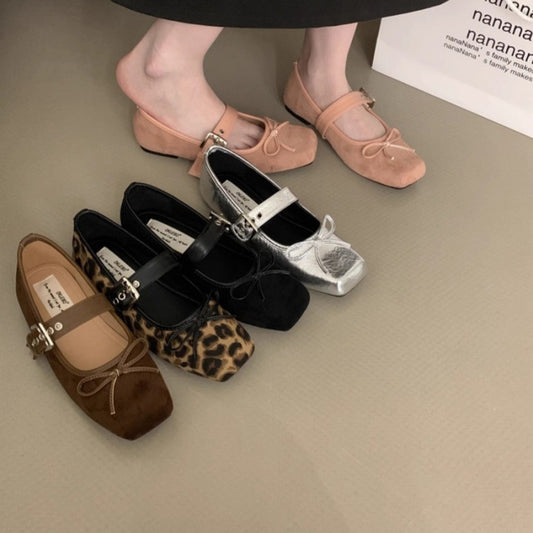 Flat Bow Ballet Silver Belt Buckle Shoes