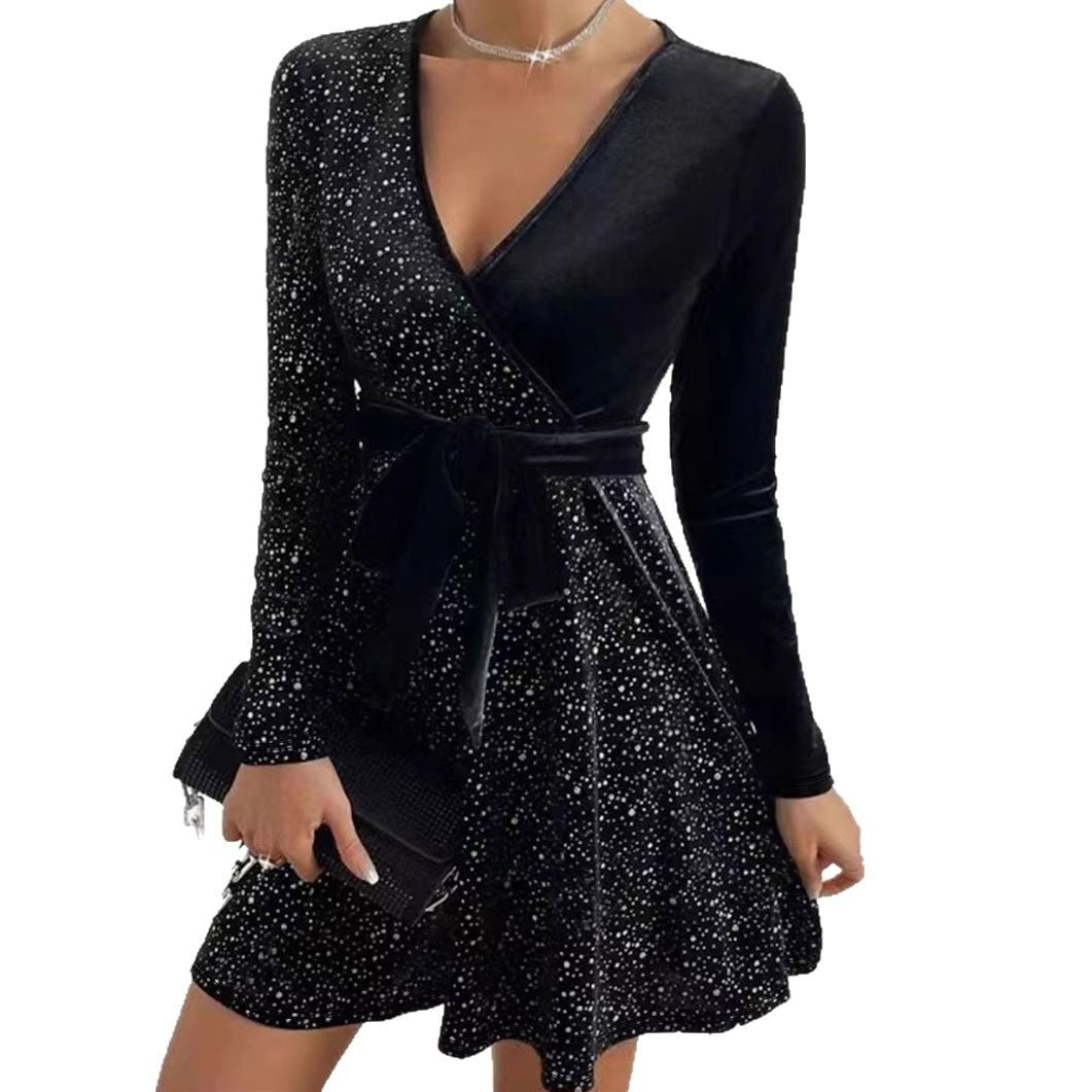 Fashionable And Elegant Long-sleeve V-neck Sequin Dress