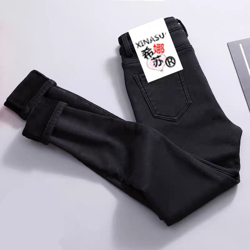 Women Velvet Jeans Stretch High Waist Winter Warm Pants