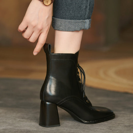 Women's Autumn And Winter British Retro Lace Up Short Simple Fashion High Heel Boots