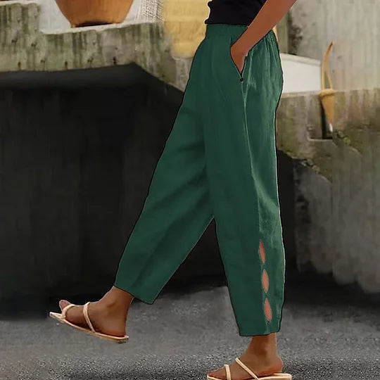 Hollow-Out Ankle Detail Trousers - Button-Adorned Bottom Hem Pants For Women Summer Daily Wear