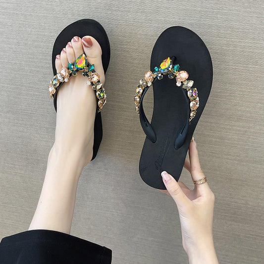 Women's Fashion Glass Peach Heart Rhinestone Thick Bottom Flip-flops