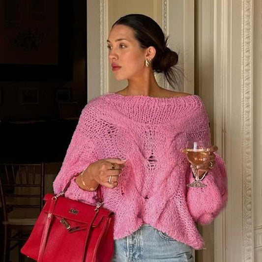 Solid Color Round Neck Cable-knit Sweater