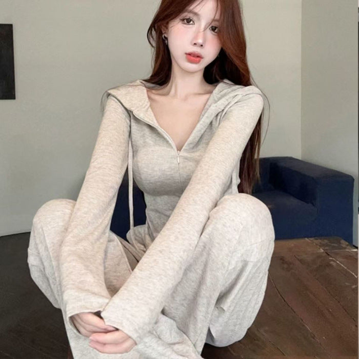 Short Hooded Cardigan Hoodie Two Piece Set With Zippers