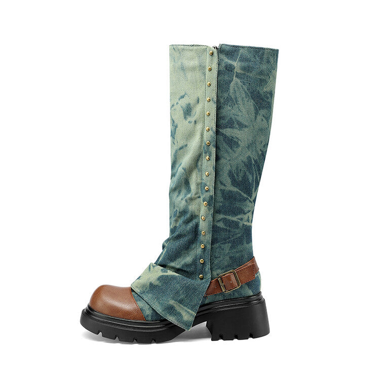 Womens European And American-style Round-toe Studded Platform Boots