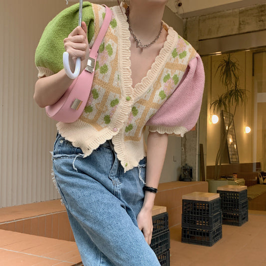 Design Sense Niche Chic V-hals Kortærmet Strikket Is Silke Cardigan
