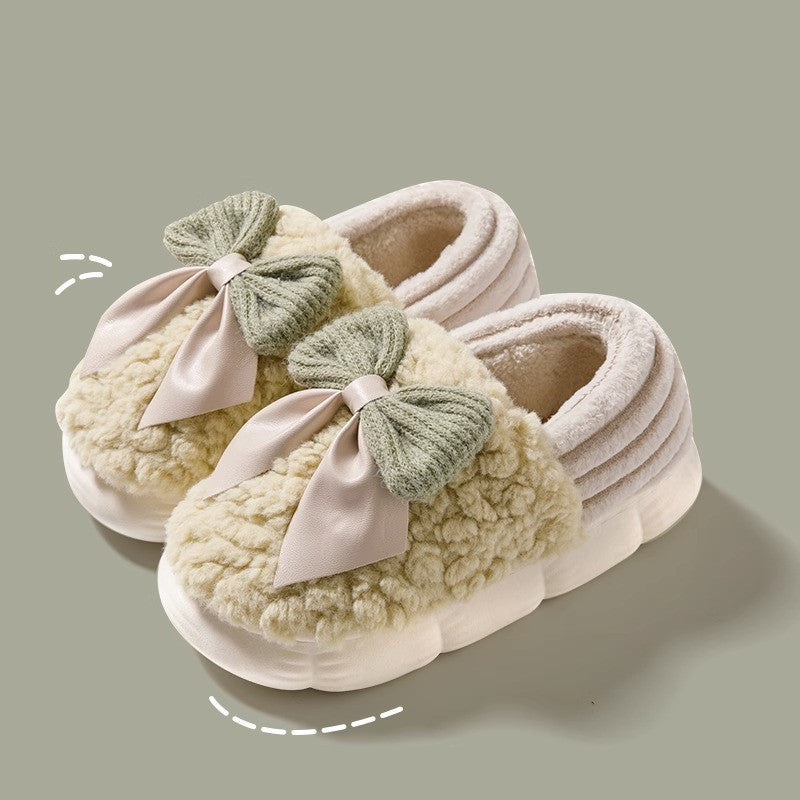 Store Sløjfe Fluffy Hjemmesko Vinter Varme Hjemmesko Med Hæl Bomuldssko Mode Tyksålede Platform Hjemmesko Indendørs og Udendørs Have Vandresko