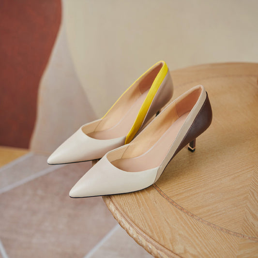 European And American Pointed High Heel Sandals Color-blocking Stiletto Heel Women's Shoes Inside And Outside Leather Commute Style Party Shoes