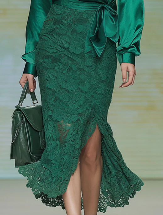 Stylish And Elegant Green Satin Blouse And Lace Skirt Set