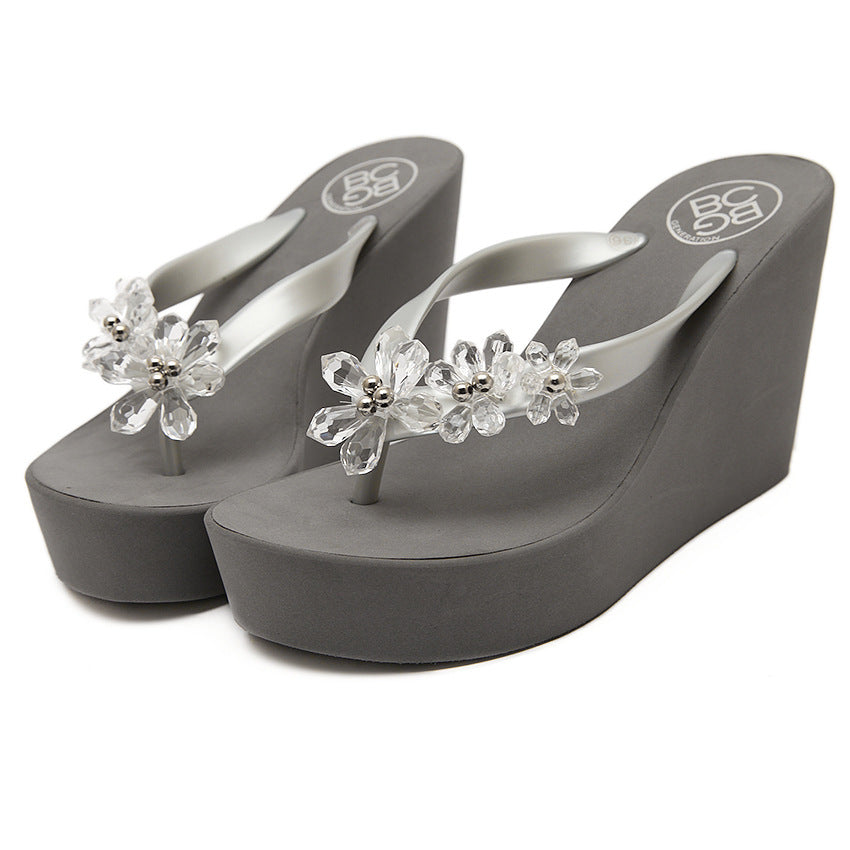 Crystal Beads Flower Slope With Platform Flip Flops