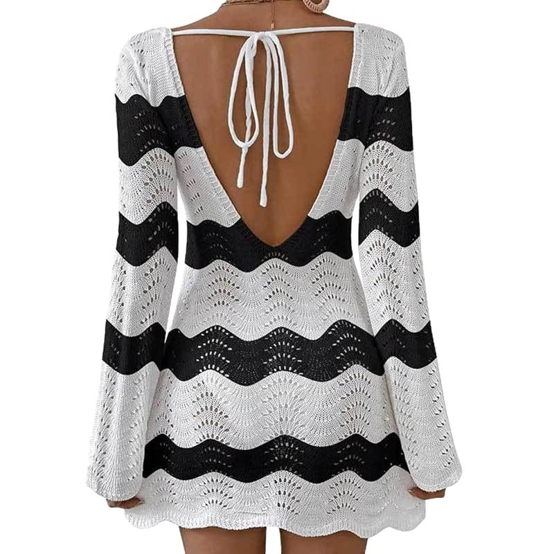 Womens Stylish Sexy Openwork Knit Long-sleeve Top