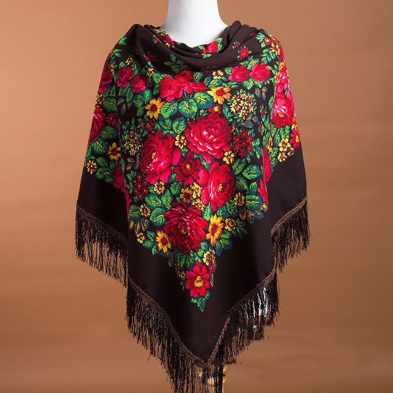Large Square Scarf Shawl With Ethnic Print Tassels To Keep Warm