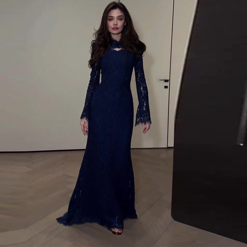 Women's Sexy Lace Hollow-Out Long-Sleeve Dress