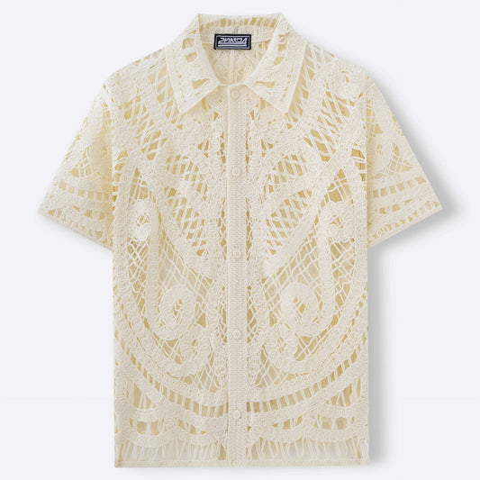 Men's Hollow Sweater Short Sleeved Crochet Cardigan Polo Shirt