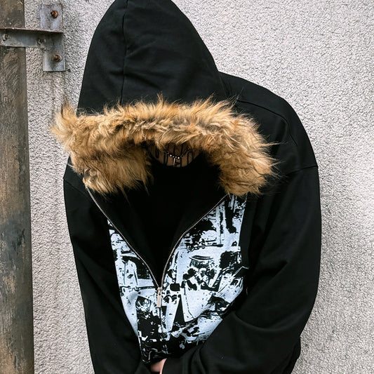 Printed Long Fur Collar Slim-fit Hood Zipper Cardigan Sweater Coat