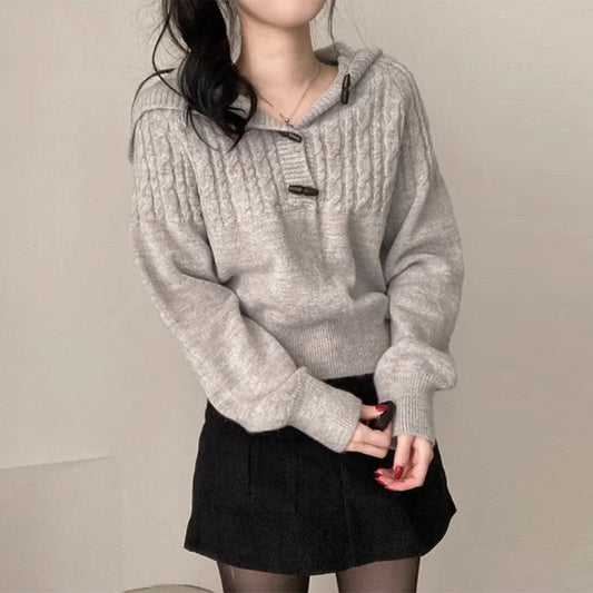 Hemp Pattern Horn Button Long-sleeved Knitted Sweater
