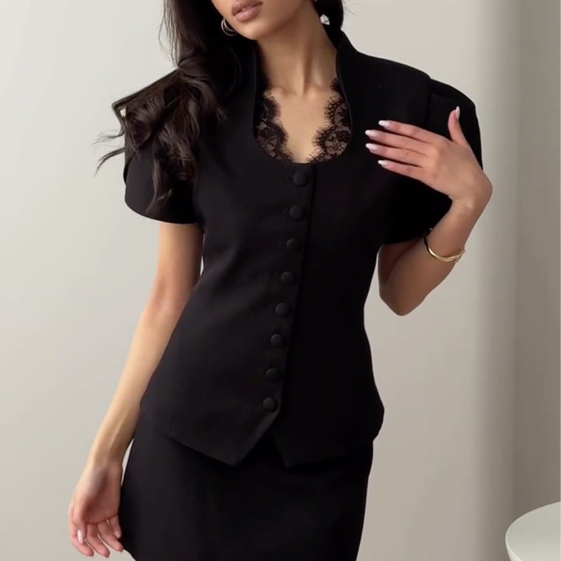 Women's Elegant Button-Front Lace-Patchwork Shirt