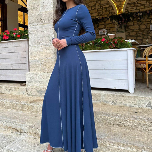Womens Long A-line Dress With A Crew Neck