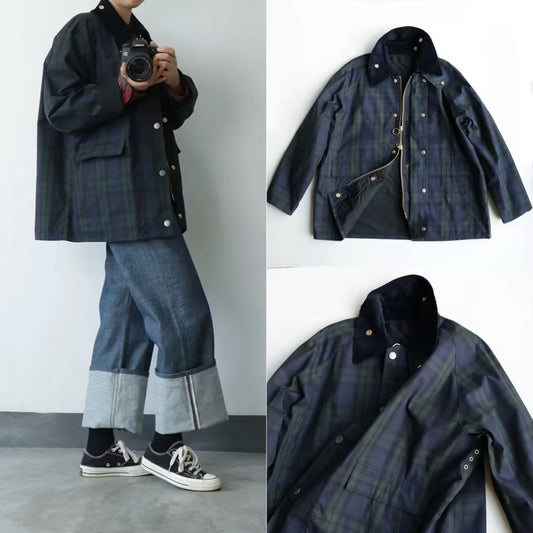 Japanese-style Retro Green Plaid Corduroy Turn-down Collar Coat