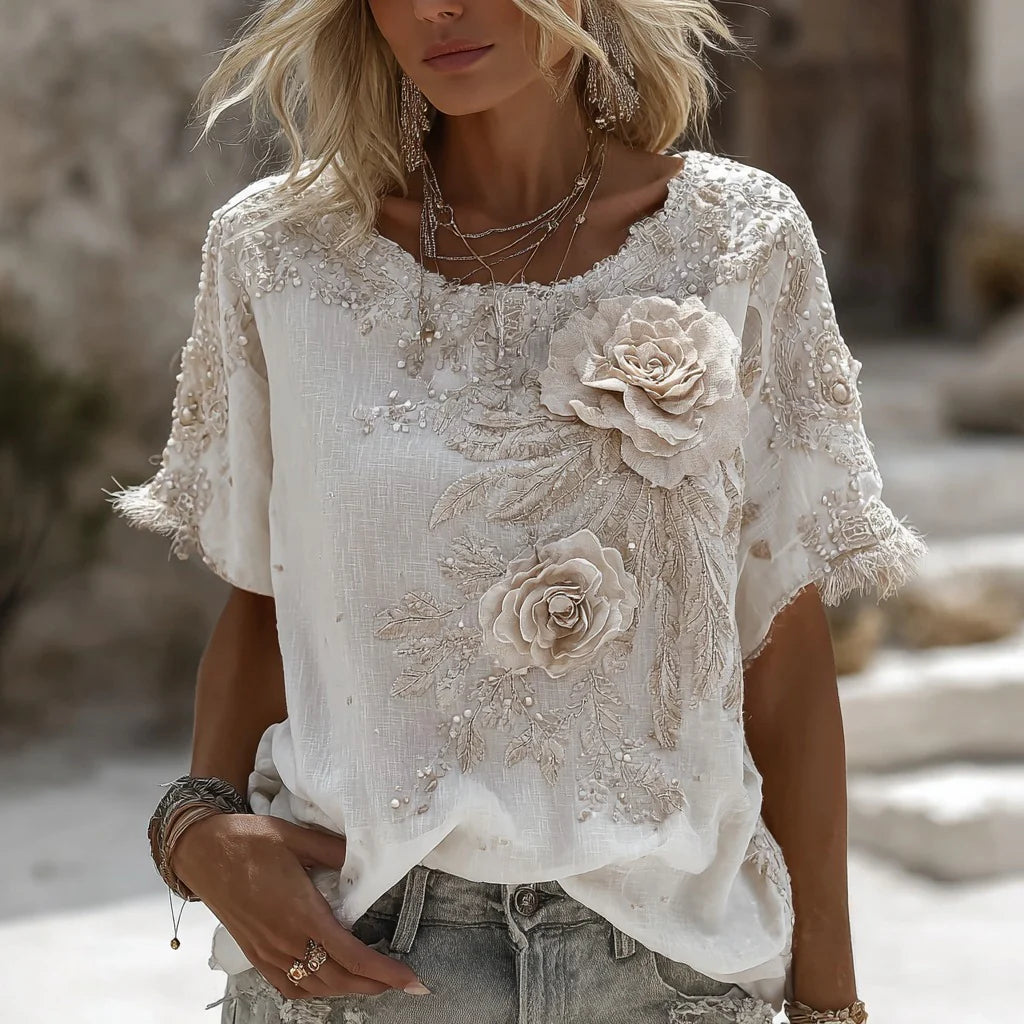 Womens Retro Printed Patchwork Crew-Neck Top