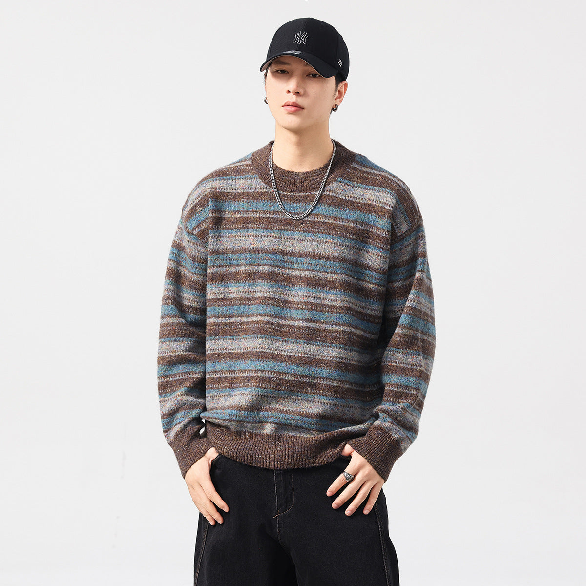 Herre Løstsiddende Retro Striktrøje Rund Hals Stribet Sweater