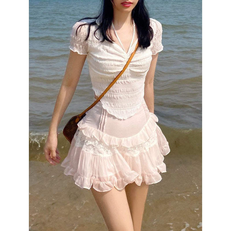 Sød Piget Lolita Højtaljet Slankende Flæse Chiffon Blonde Nederdel