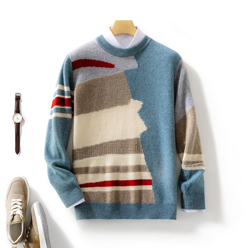 Fall Winter Men Round Neck Contrast Color Style Woolen Sweater