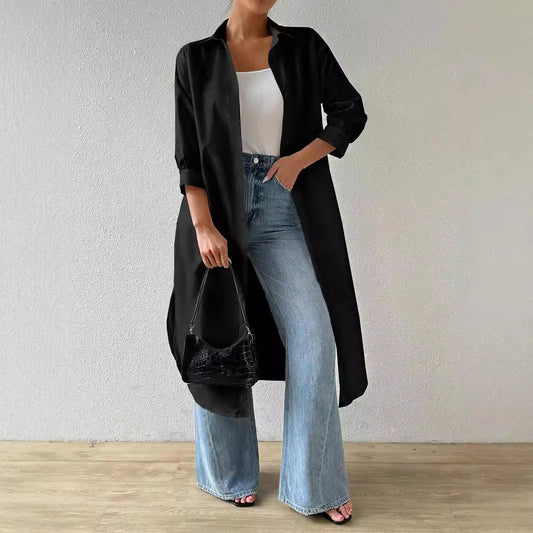 Womens Versatile Long Solid-color Cardigan With Three-quarter Sleeves
