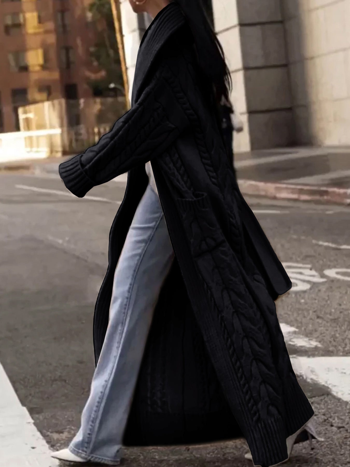 Women's Solid Color Thick Hemp Flowers Large Lapel Long Cardigan Sweater Coat